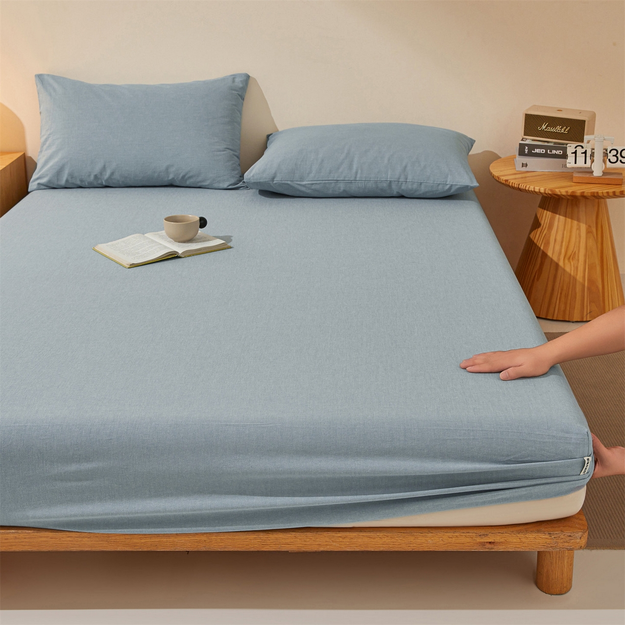 91家纺网 家纺一手货源 找家纺 优眠坊 2026新款全棉色织水洗纯色条格纯棉单层床笠床垫保护套 拾忆-浅蓝