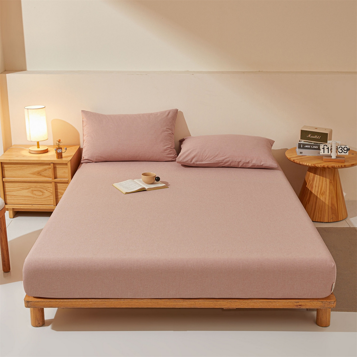 优眠坊 2026新款全棉色织水洗纯色条格纯棉单层床笠床垫保护套 拾忆-梅粉