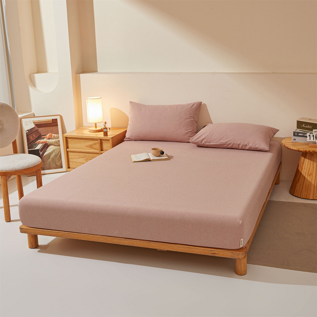 91家纺网 家纺一手货源 找家纺 优眠坊 2026新款全棉色织水洗纯色条格纯棉单层床笠床垫保护套 拾忆-梅粉