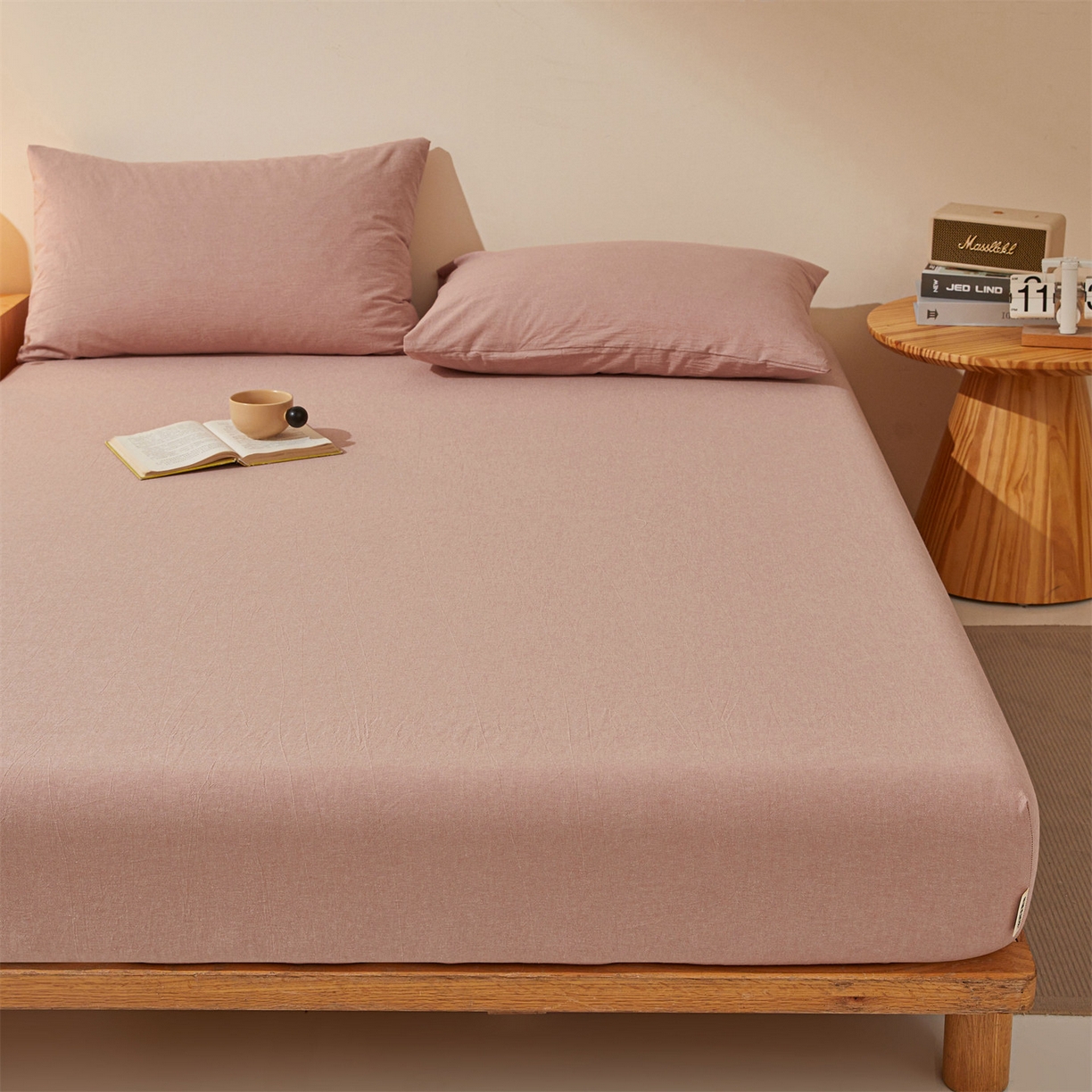 91家纺网 家纺一手货源 找家纺 优眠坊 2026新款全棉色织水洗纯色条格纯棉单层床笠床垫保护套 拾忆-梅粉