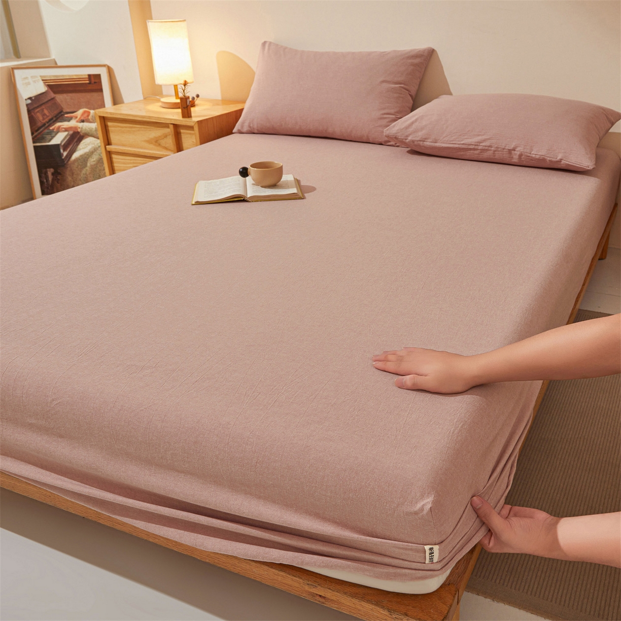 91家纺网 家纺一手货源 找家纺 优眠坊 2026新款全棉色织水洗纯色条格纯棉单层床笠床垫保护套 拾忆-梅粉