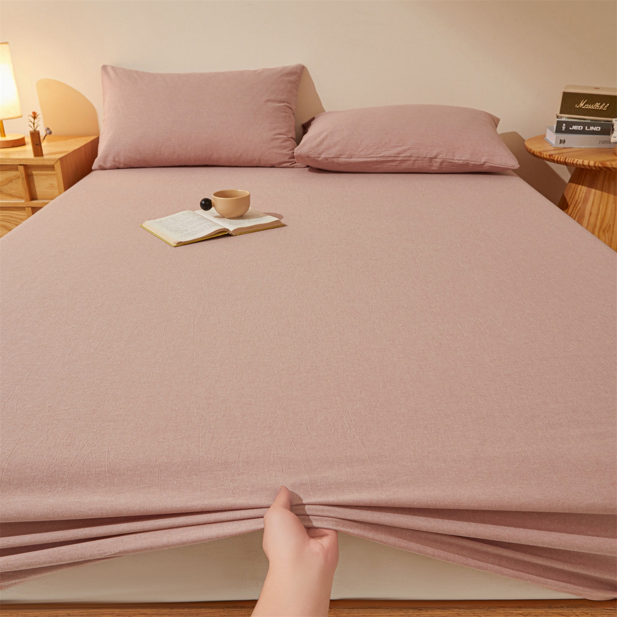 91家纺网 家纺一手货源 找家纺 优眠坊 2026新款全棉色织水洗纯色条格纯棉单层床笠床垫保护套 拾忆-梅粉