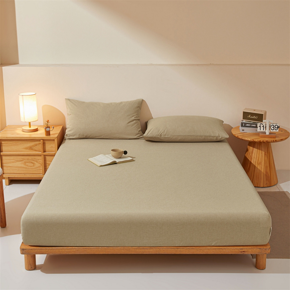 优眠坊 2026新款全棉色织水洗纯色条格纯棉单层床笠床垫保护套 拾忆-浅咖