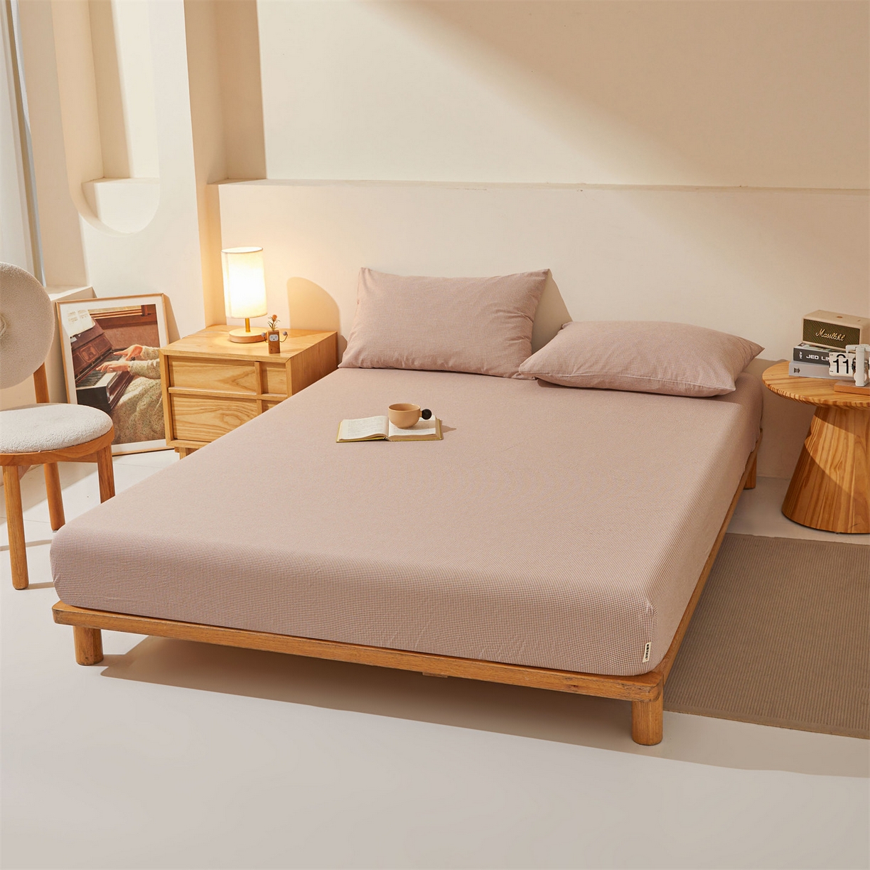 91家纺网 家纺一手货源 找家纺 优眠坊 2026新款全棉色织水洗纯色条格纯棉单层床笠床垫保护套 拾忆-条格粉