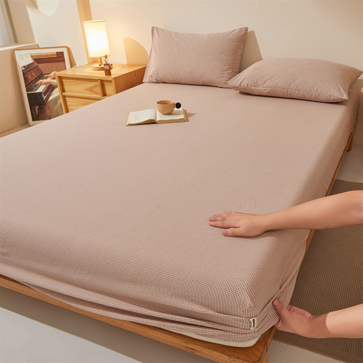 91家纺网 家纺一手货源 找家纺 优眠坊 2026新款全棉色织水洗纯色条格纯棉单层床笠床垫保护套 拾忆-条格粉