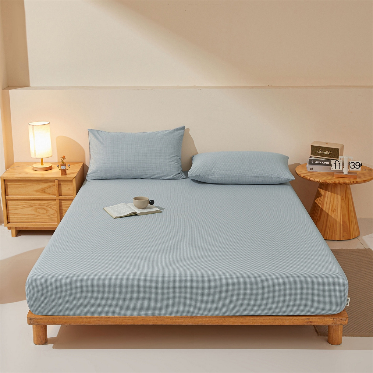 优眠坊 2026新款全棉色织水洗纯色条格纯棉单层床笠床垫保护套 拾忆-条格蓝