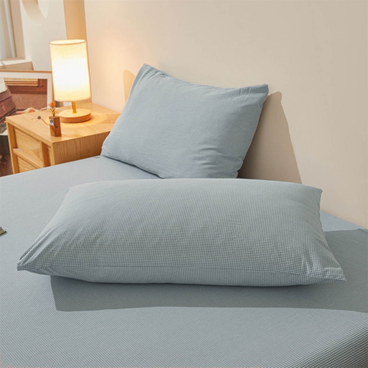 91家纺网 家纺一手货源 找家纺 优眠坊 2026新款全棉色织水洗纯色条格纯棉单层床笠床垫保护套 拾忆-条格蓝