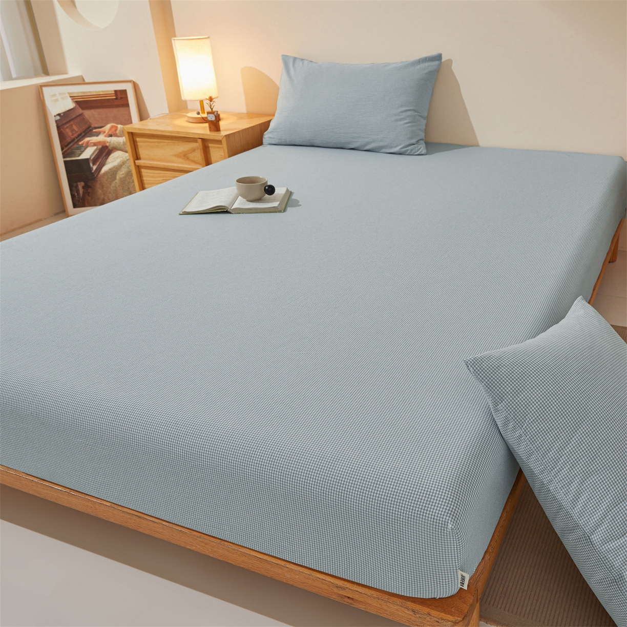 91家纺网 家纺一手货源 找家纺 优眠坊 2026新款全棉色织水洗纯色条格纯棉单层床笠床垫保护套 拾忆-条格蓝