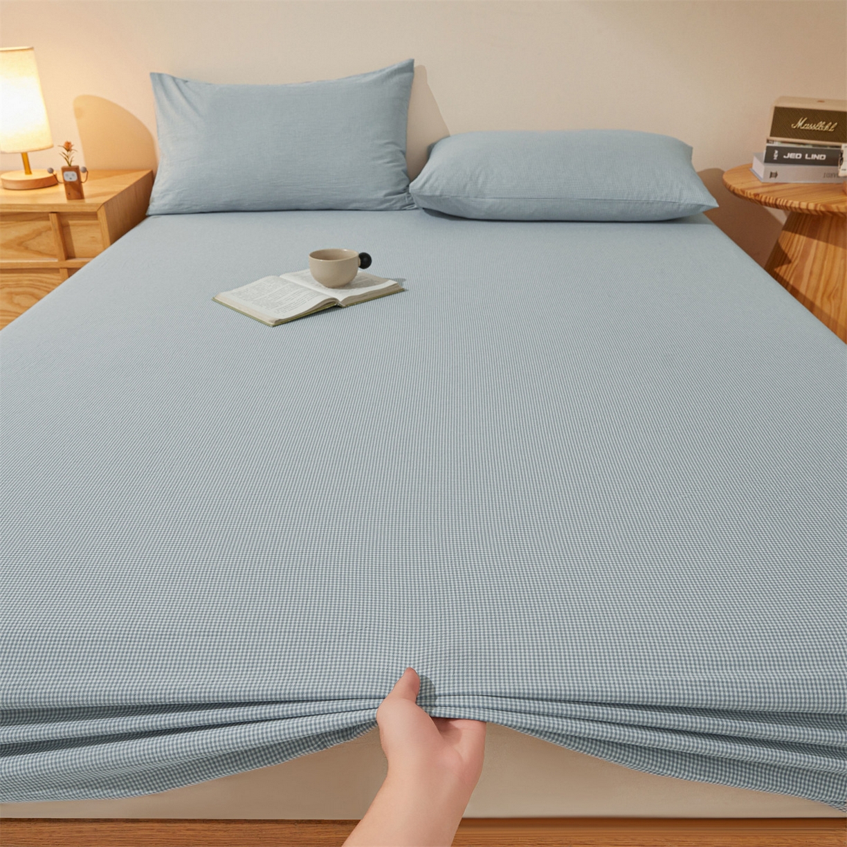 91家纺网 家纺一手货源 找家纺 优眠坊 2026新款全棉色织水洗纯色条格纯棉单层床笠床垫保护套 拾忆-条格蓝