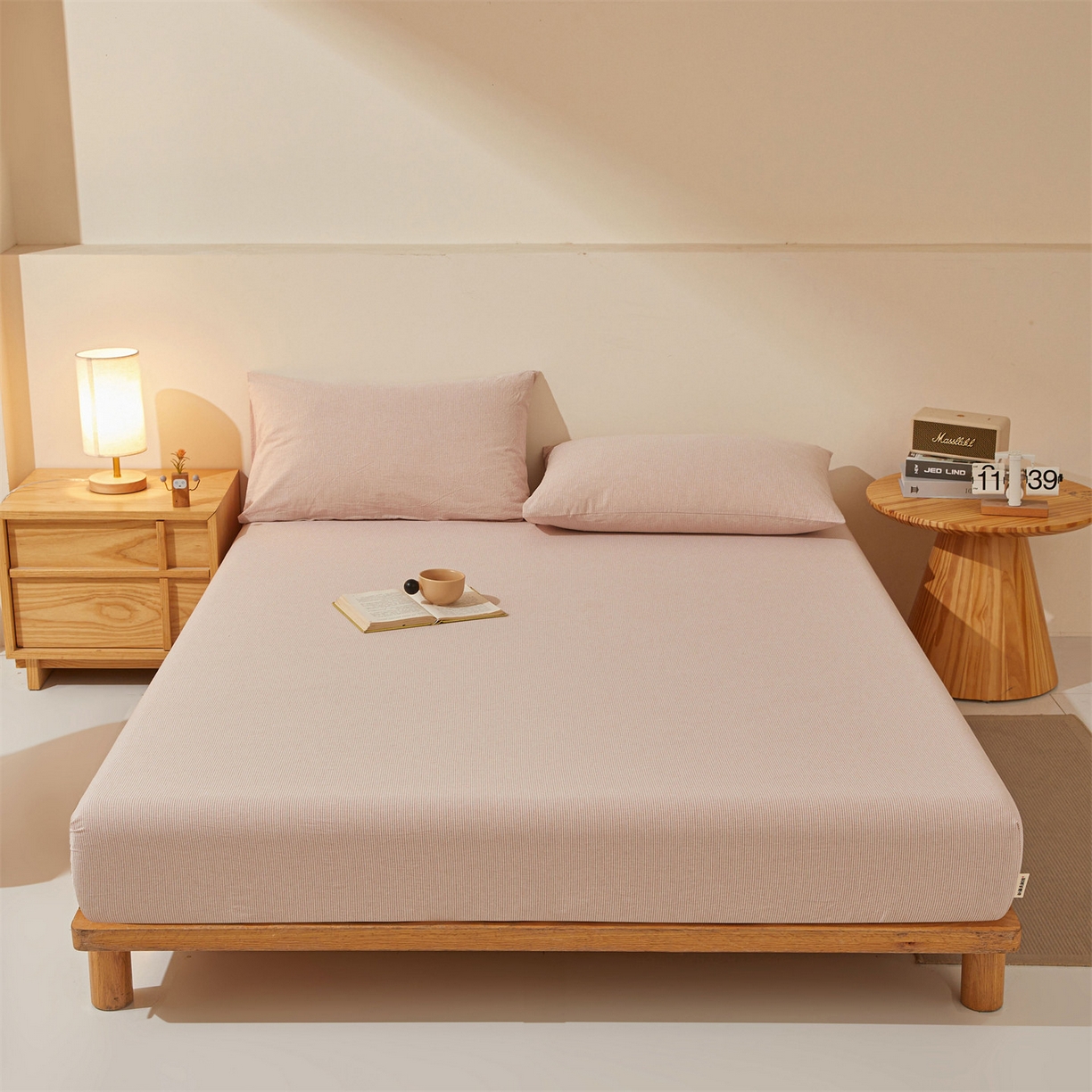 优眠坊 2026新款全棉色织水洗纯色条格纯棉单层床笠床垫保护套 拾忆-条纹粉