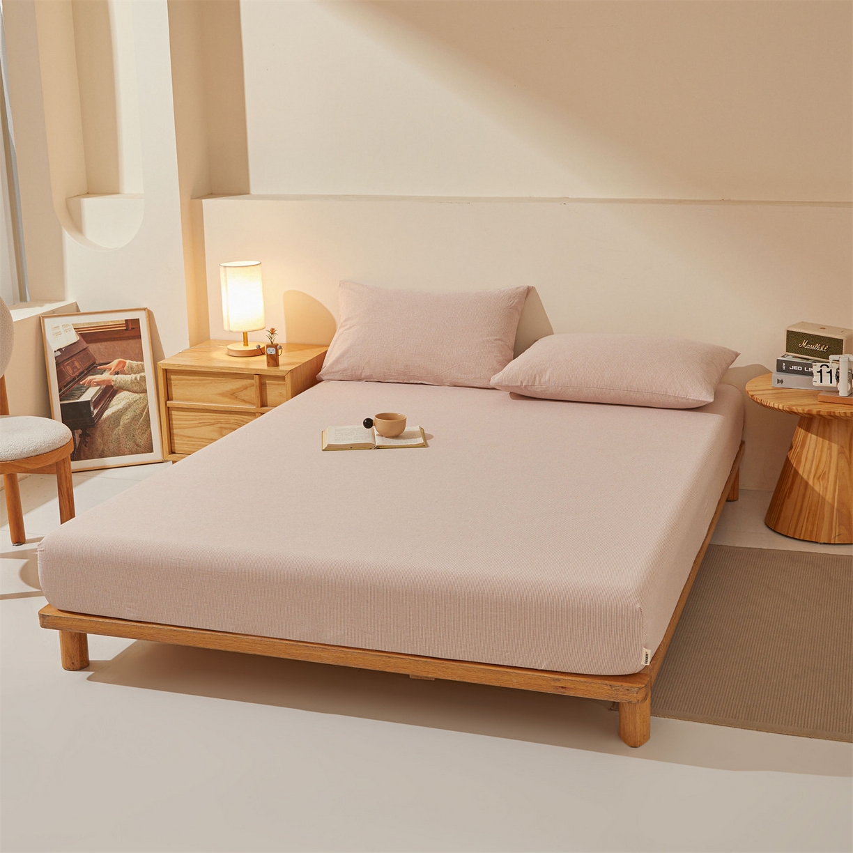 91家纺网 家纺一手货源 找家纺 优眠坊 2026新款全棉色织水洗纯色条格纯棉单层床笠床垫保护套 拾忆-条纹粉