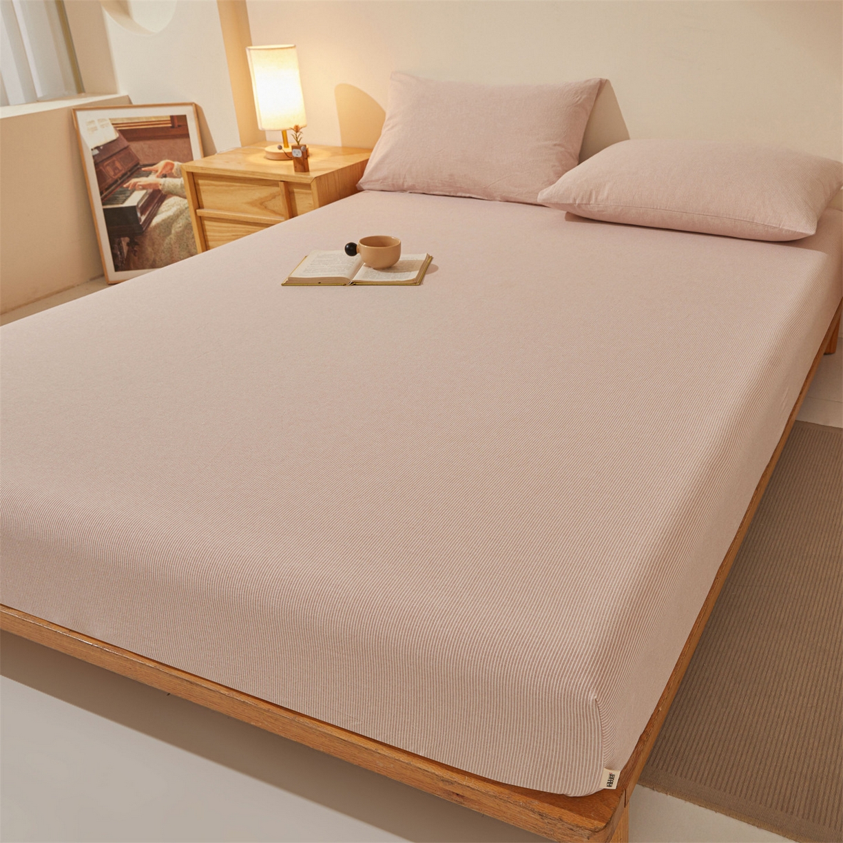 91家纺网 家纺一手货源 找家纺 优眠坊 2026新款全棉色织水洗纯色条格纯棉单层床笠床垫保护套 拾忆-条纹粉