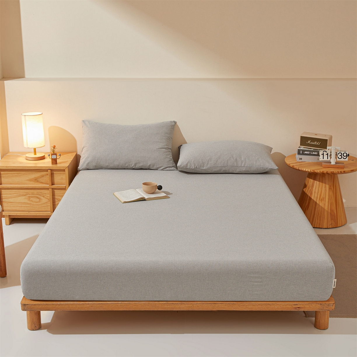 优眠坊 2026新款全棉色织水洗纯色条格纯棉单层床笠床垫保护套 拾忆-条纹灰
