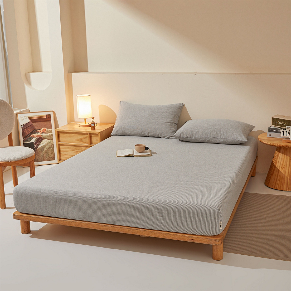 91家纺网 家纺一手货源 找家纺 优眠坊 2026新款全棉色织水洗纯色条格纯棉单层床笠床垫保护套 拾忆-条纹灰