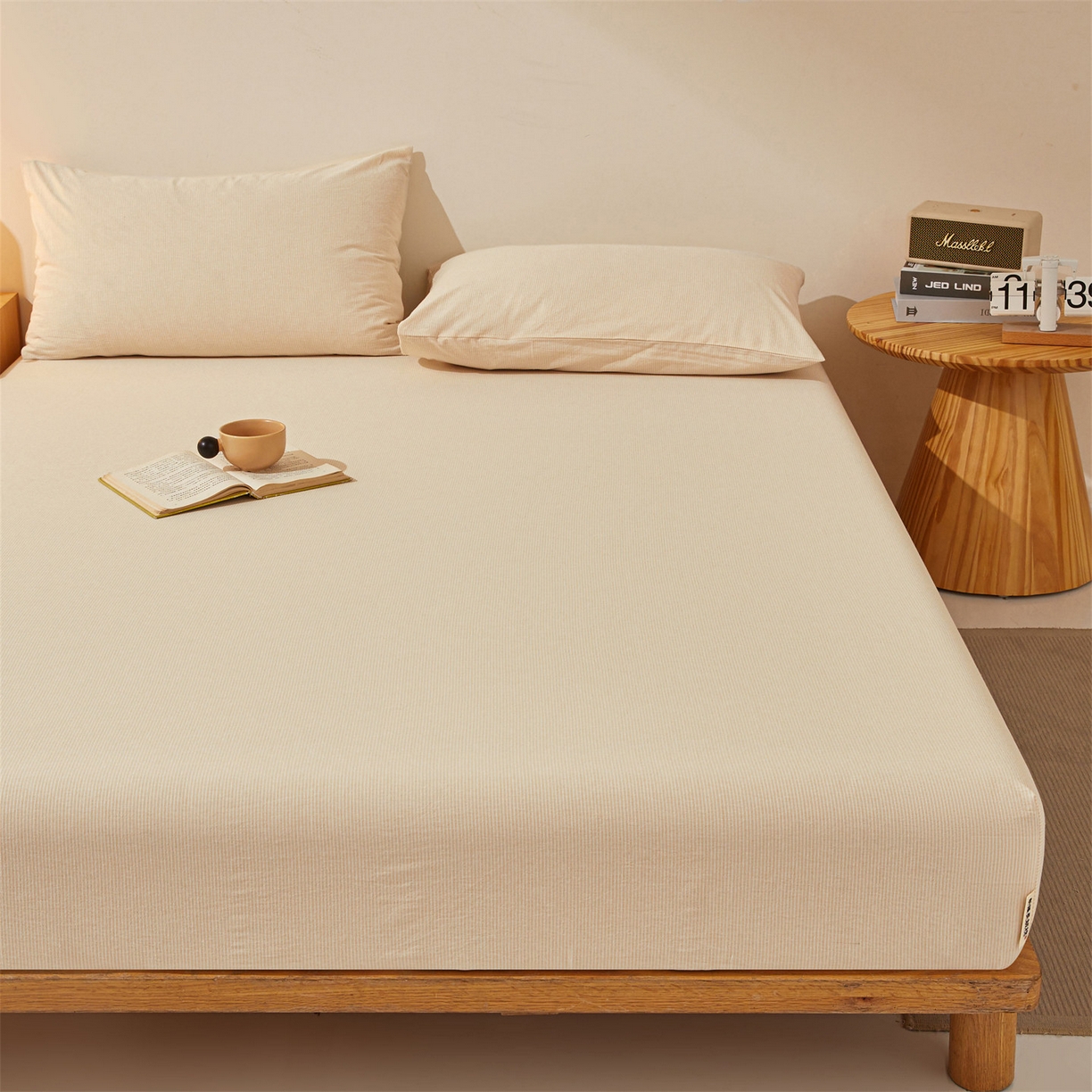 91家纺网 家纺一手货源 找家纺 优眠坊 2026新款全棉色织水洗纯色条格纯棉单层床笠床垫保护套 拾忆-条纹卡其