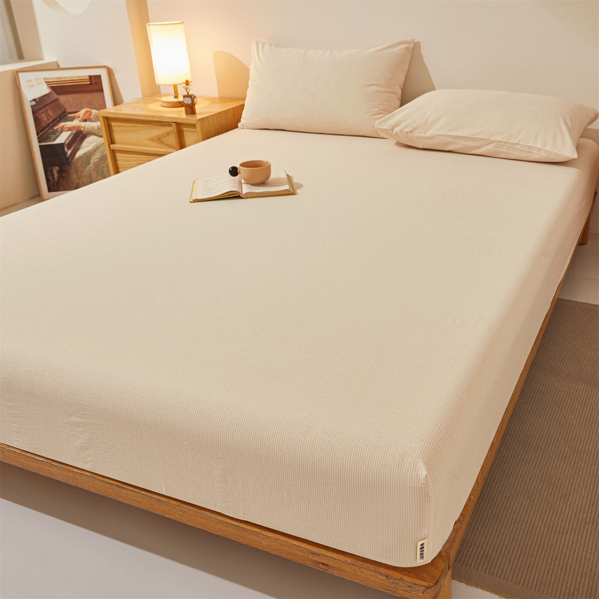 91家纺网 家纺一手货源 找家纺 优眠坊 2026新款全棉色织水洗纯色条格纯棉单层床笠床垫保护套 拾忆-条纹卡其