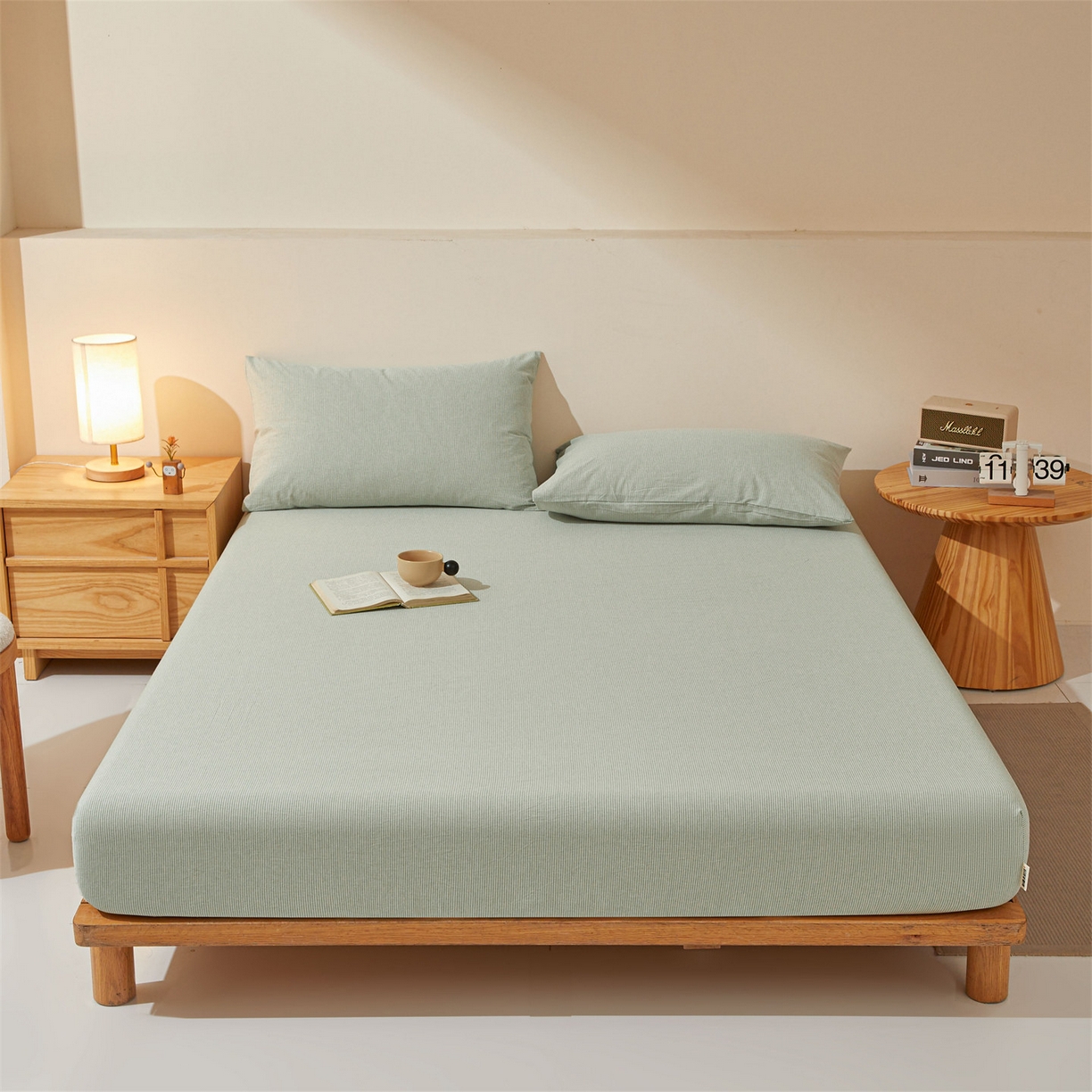 优眠坊 2026新款全棉色织水洗纯色条格纯棉单层床笠床垫保护套 拾忆-条纹绿