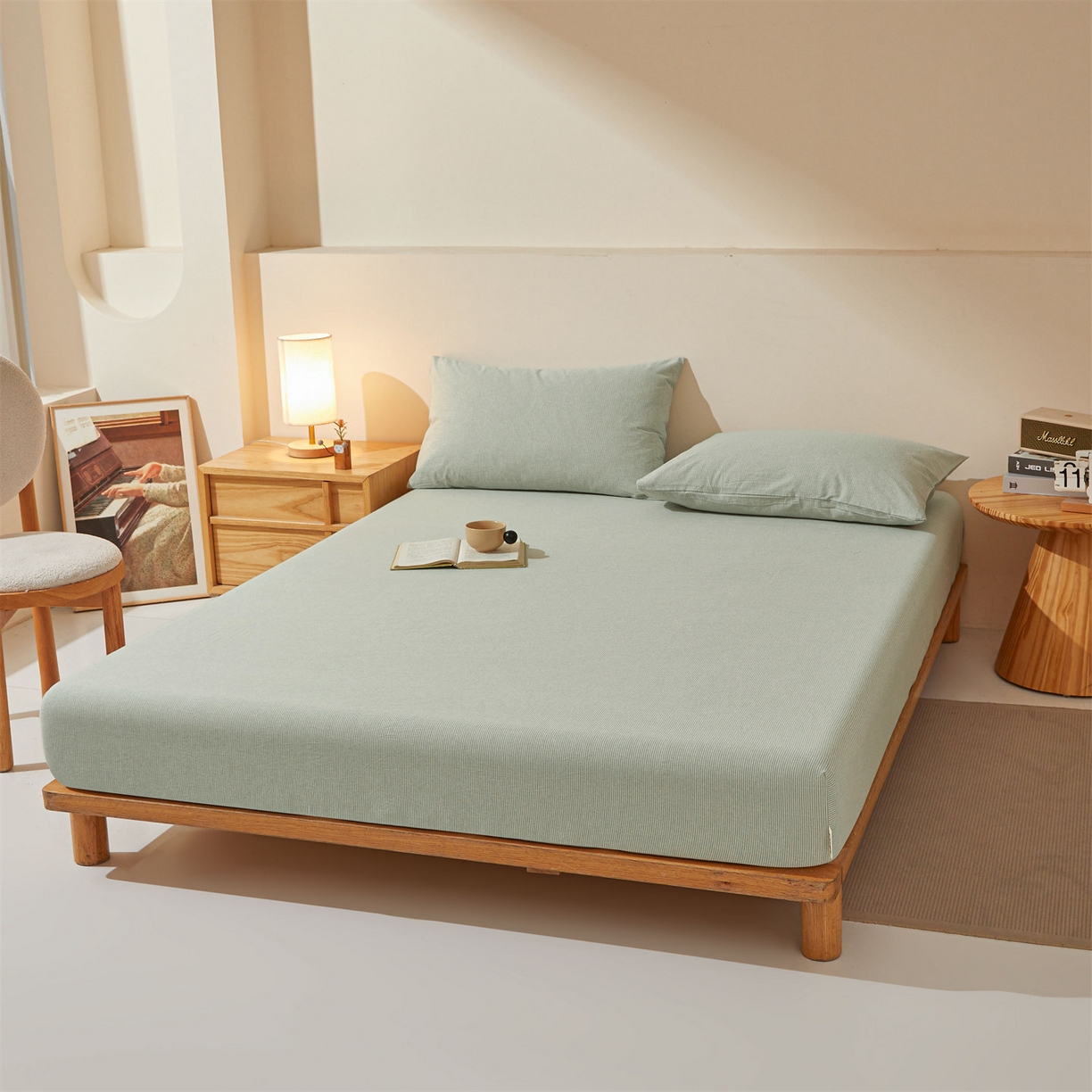 91家纺网 家纺一手货源 找家纺 优眠坊 2026新款全棉色织水洗纯色条格纯棉单层床笠床垫保护套 拾忆-条纹绿