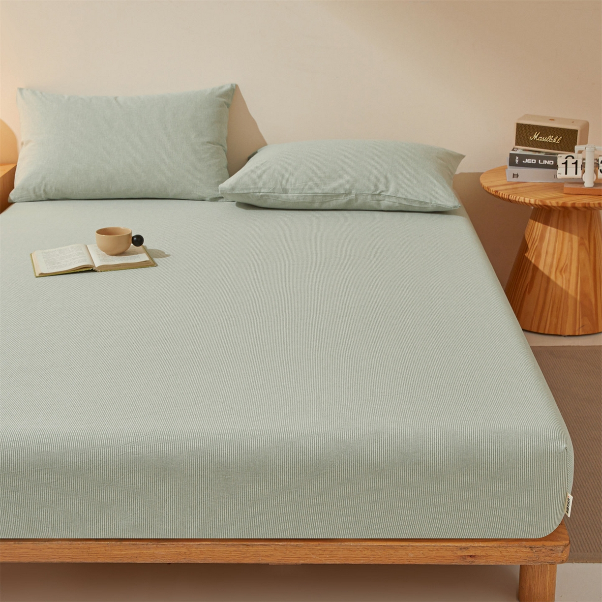 91家纺网 家纺一手货源 找家纺 优眠坊 2026新款全棉色织水洗纯色条格纯棉单层床笠床垫保护套 拾忆-条纹绿