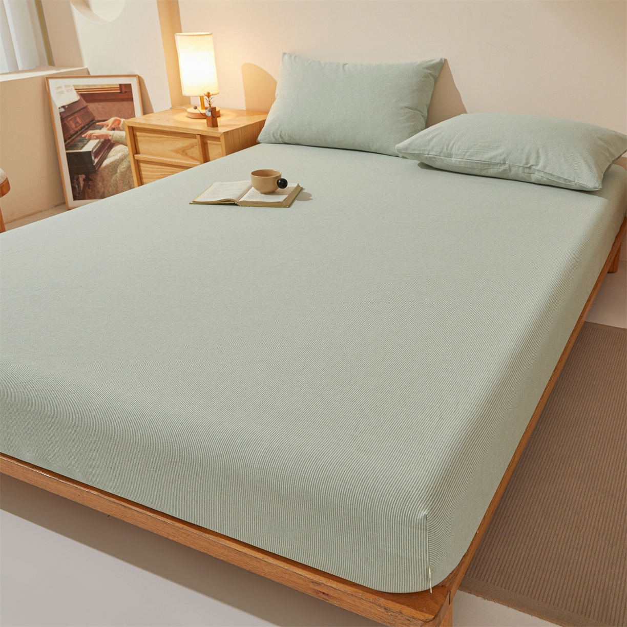 91家纺网 家纺一手货源 找家纺 优眠坊 2026新款全棉色织水洗纯色条格纯棉单层床笠床垫保护套 拾忆-条纹绿