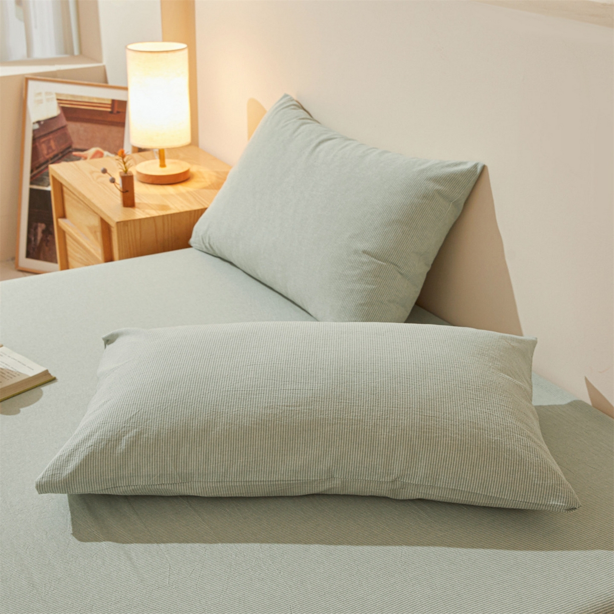 91家纺网 家纺一手货源 找家纺 优眠坊 2026新款全棉色织水洗纯色条格纯棉单层床笠床垫保护套 拾忆-条纹绿