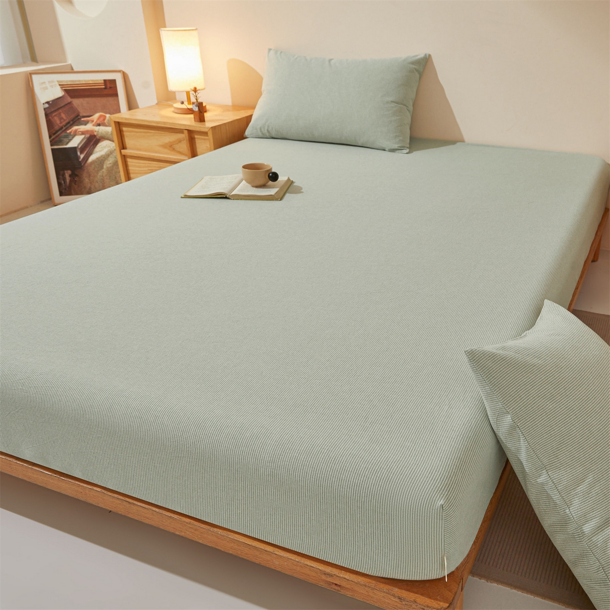 91家纺网 家纺一手货源 找家纺 优眠坊 2026新款全棉色织水洗纯色条格纯棉单层床笠床垫保护套 拾忆-条纹绿