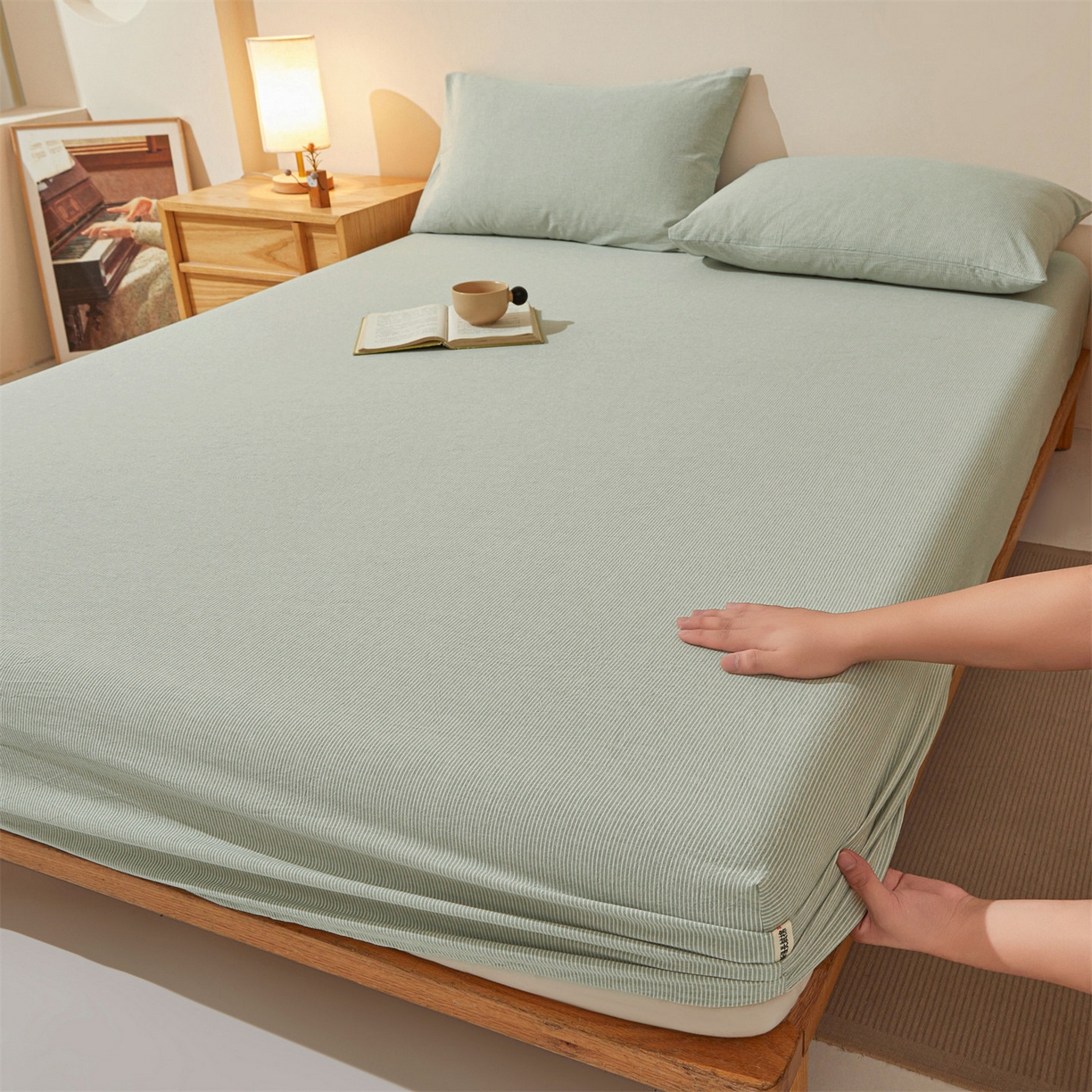 91家纺网 家纺一手货源 找家纺 优眠坊 2026新款全棉色织水洗纯色条格纯棉单层床笠床垫保护套 拾忆-条纹绿