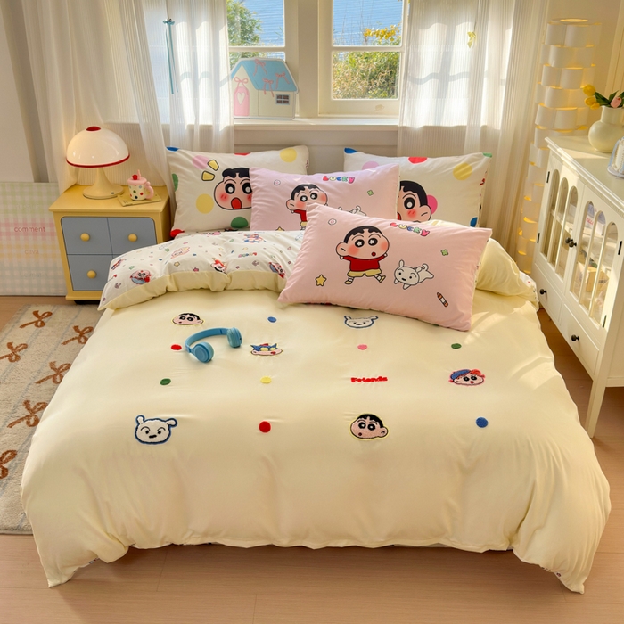 91家纺网 家纺一手货源 找家纺 （总）三元色 2025新款云朵棉毛巾绣小新系列四件套