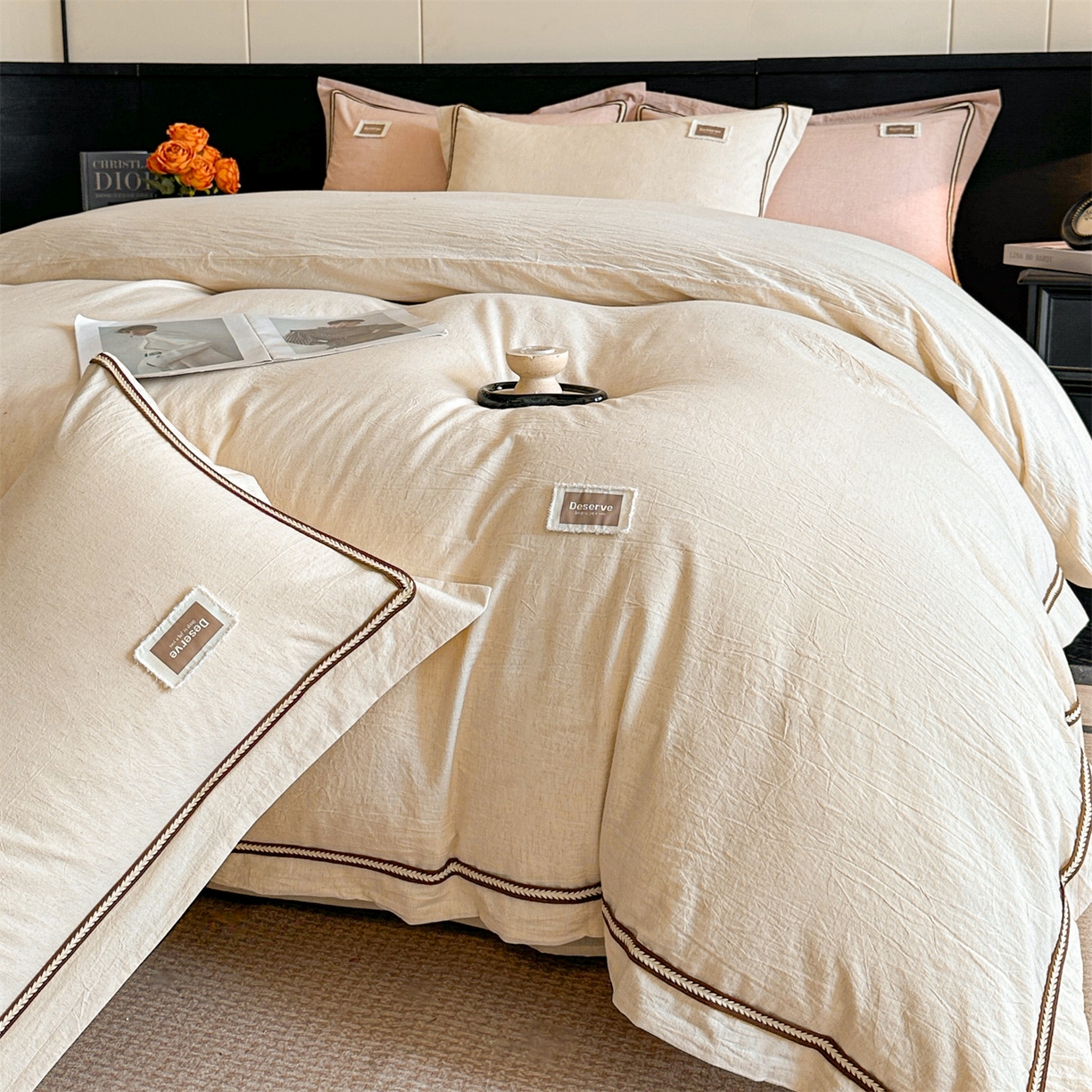 91家纺网 家纺一手货源 找家纺 笙意家纺 2025新款A类全棉棉麻织带款四件套 织带款-本色