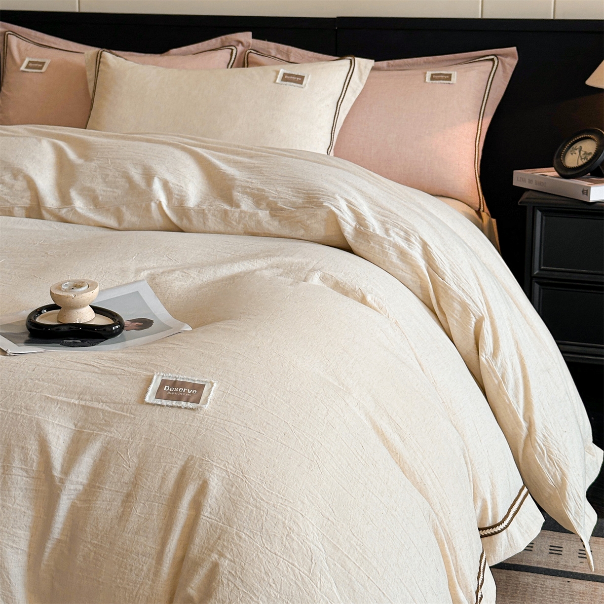 91家纺网 家纺一手货源 找家纺 笙意家纺 2025新款A类全棉棉麻织带款四件套 织带款-本色