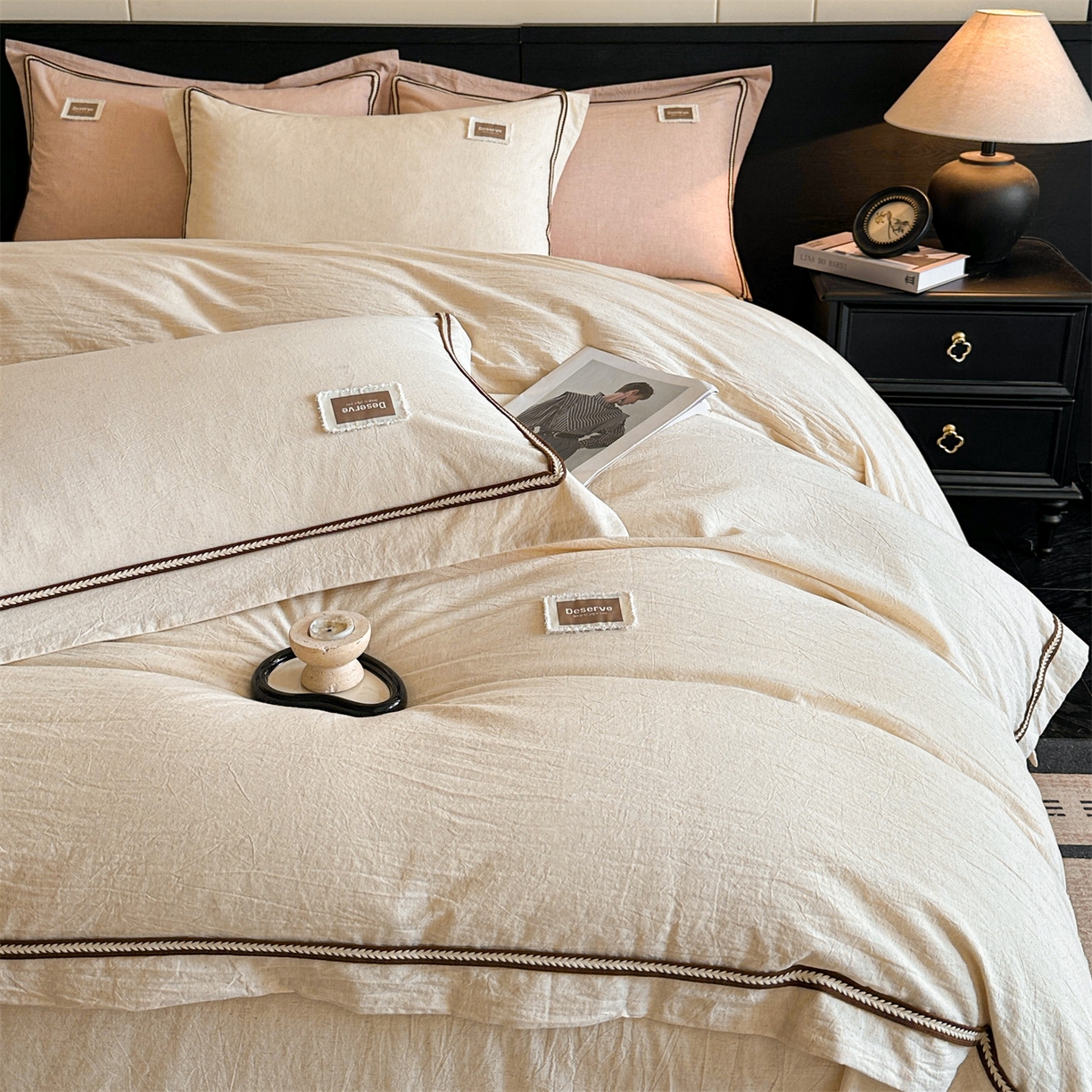 91家纺网 家纺一手货源 找家纺 笙意家纺 2025新款A类全棉棉麻织带款四件套 织带款-本色