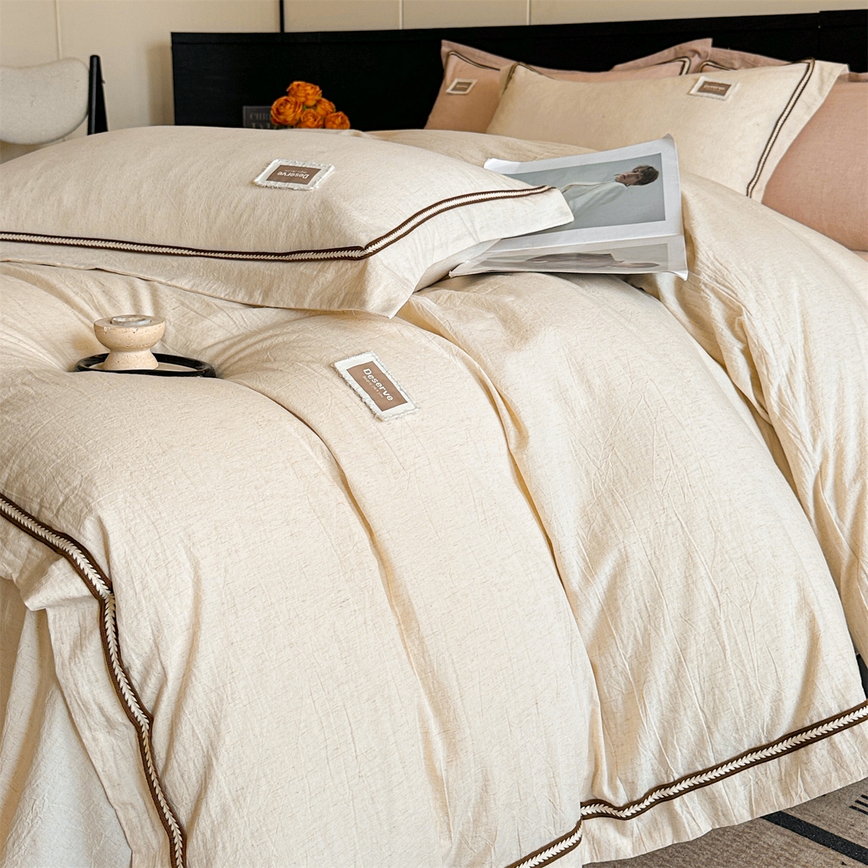 91家纺网 家纺一手货源 找家纺 笙意家纺 2025新款A类全棉棉麻织带款四件套 织带款-本色