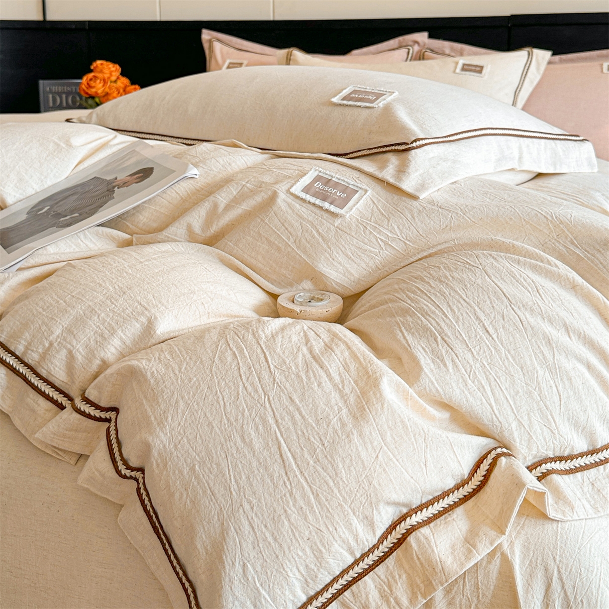 91家纺网 家纺一手货源 找家纺 笙意家纺 2025新款A类全棉棉麻织带款四件套 织带款-本色