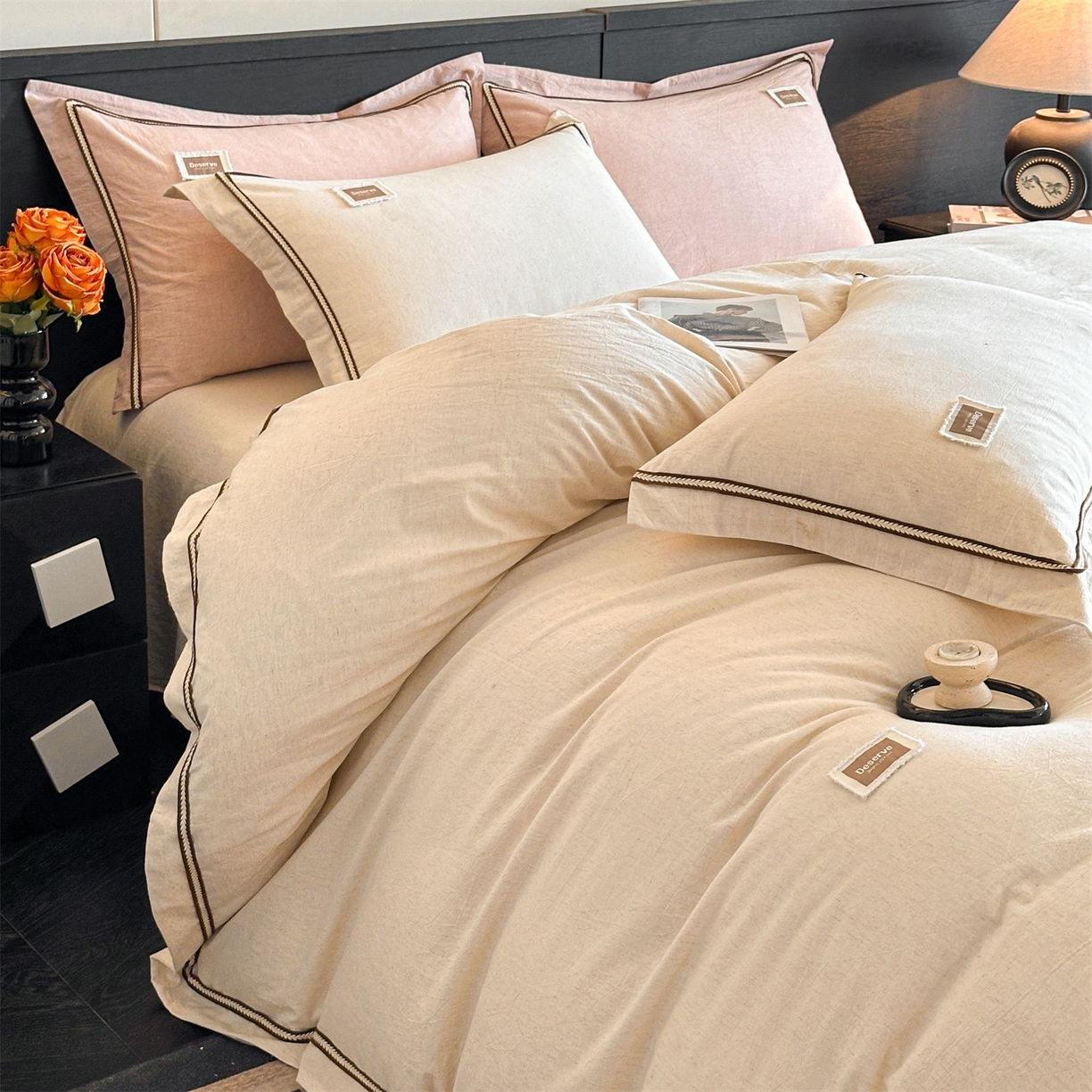 91家纺网 家纺一手货源 找家纺 笙意家纺 2025新款A类全棉棉麻织带款四件套 织带款-本色