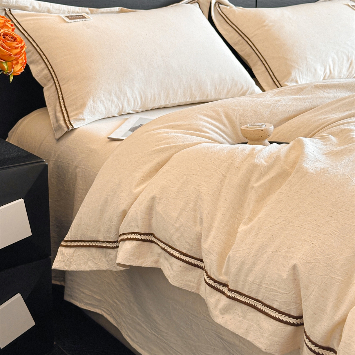 91家纺网 家纺一手货源 找家纺 笙意家纺 2025新款A类全棉棉麻织带款四件套 织带款-本色