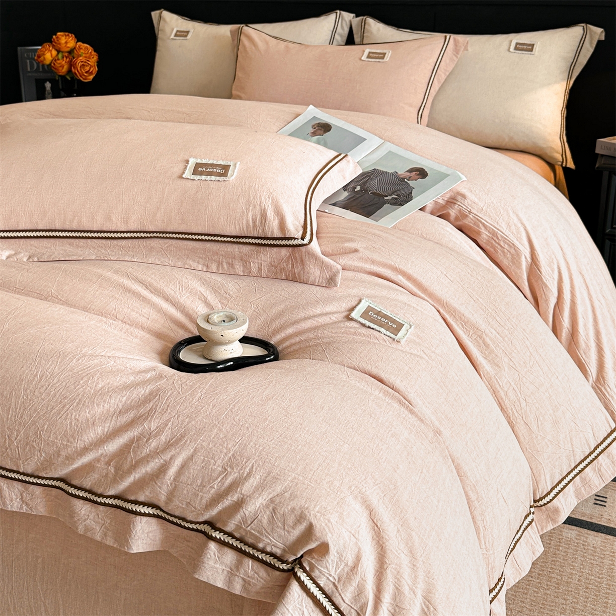 笙意家纺 2025新款A类全棉棉麻织带款四件套 织带款-粉色