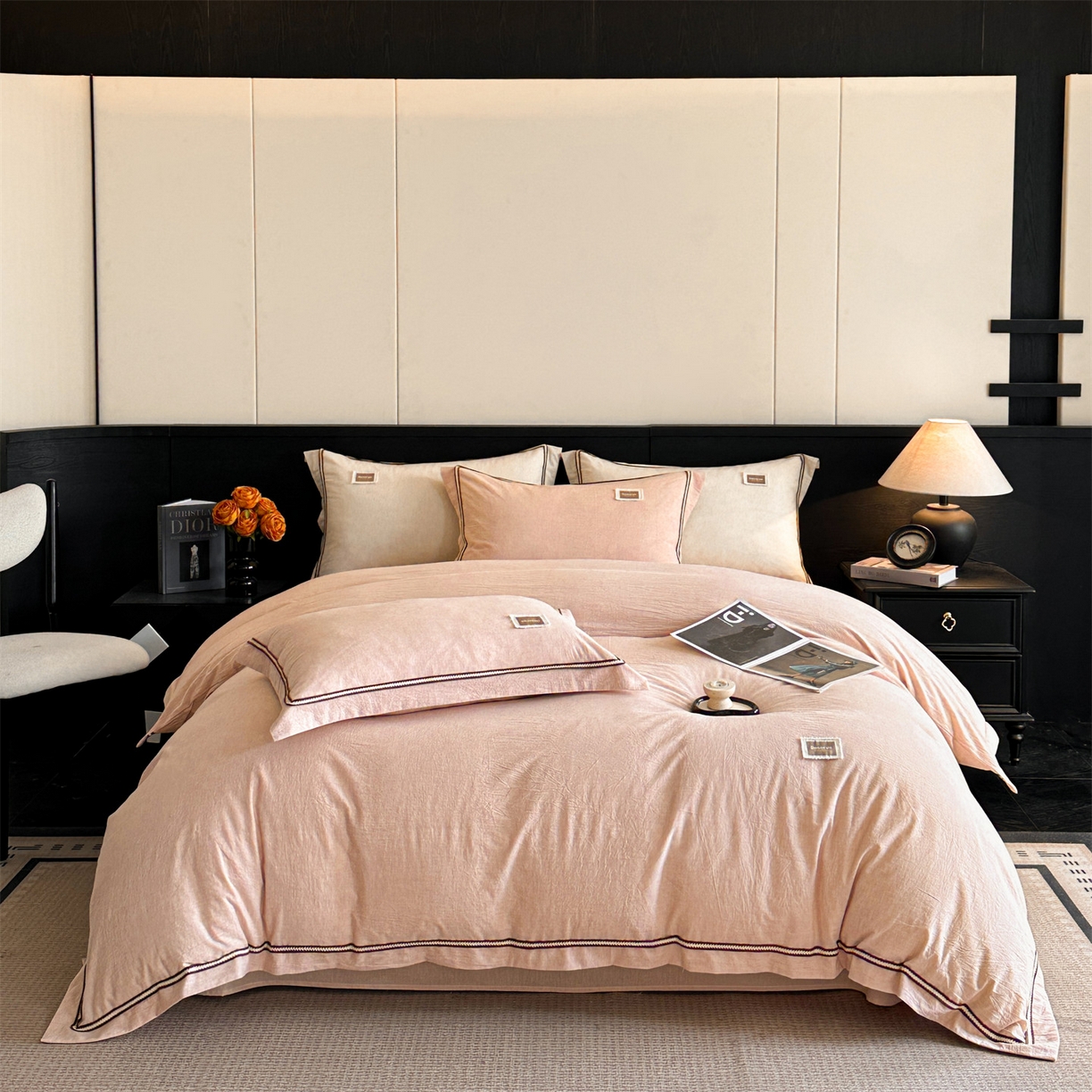 91家纺网 家纺一手货源 找家纺 笙意家纺 2025新款A类全棉棉麻织带款四件套 织带款-粉色