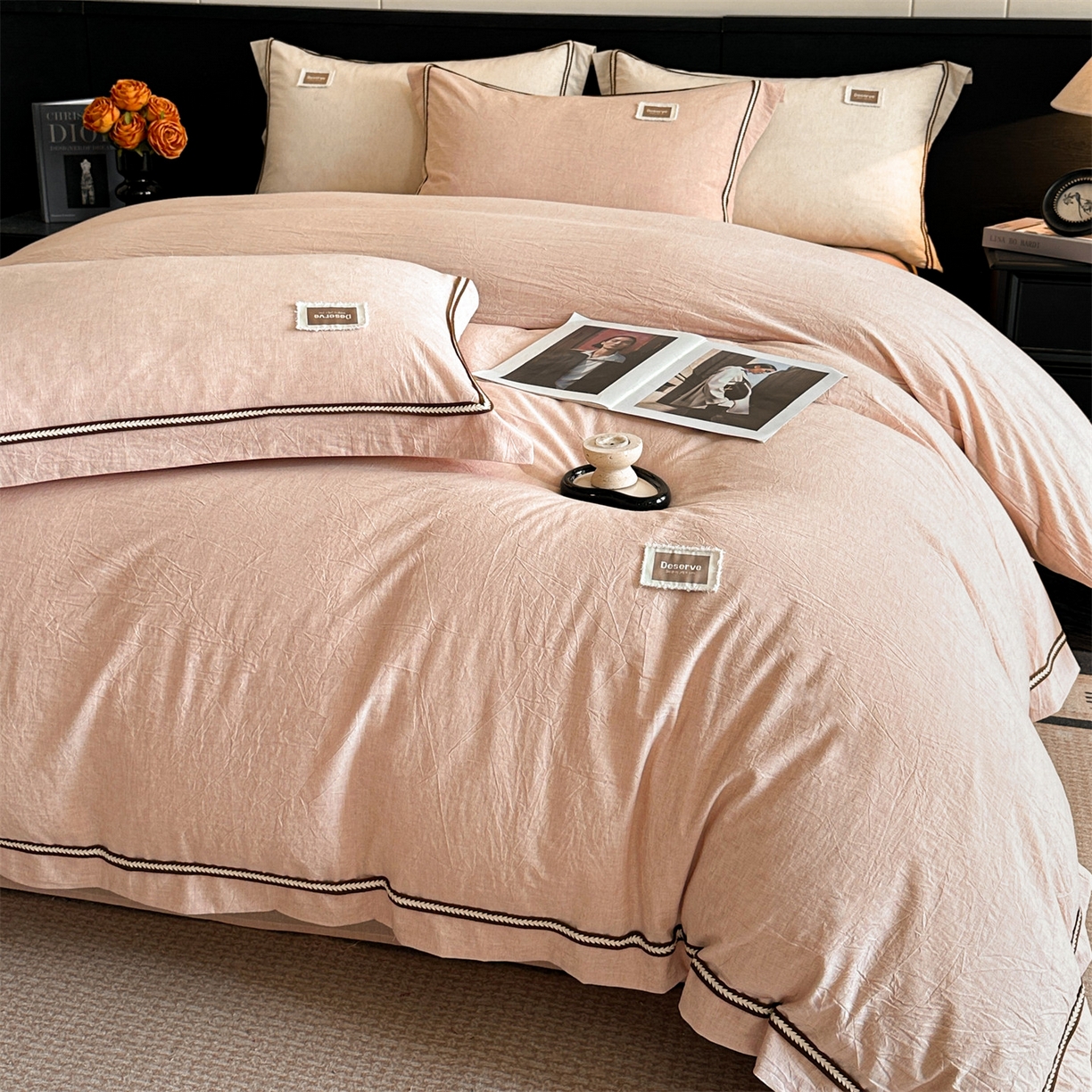 91家纺网 家纺一手货源 找家纺 笙意家纺 2025新款A类全棉棉麻织带款四件套 织带款-粉色