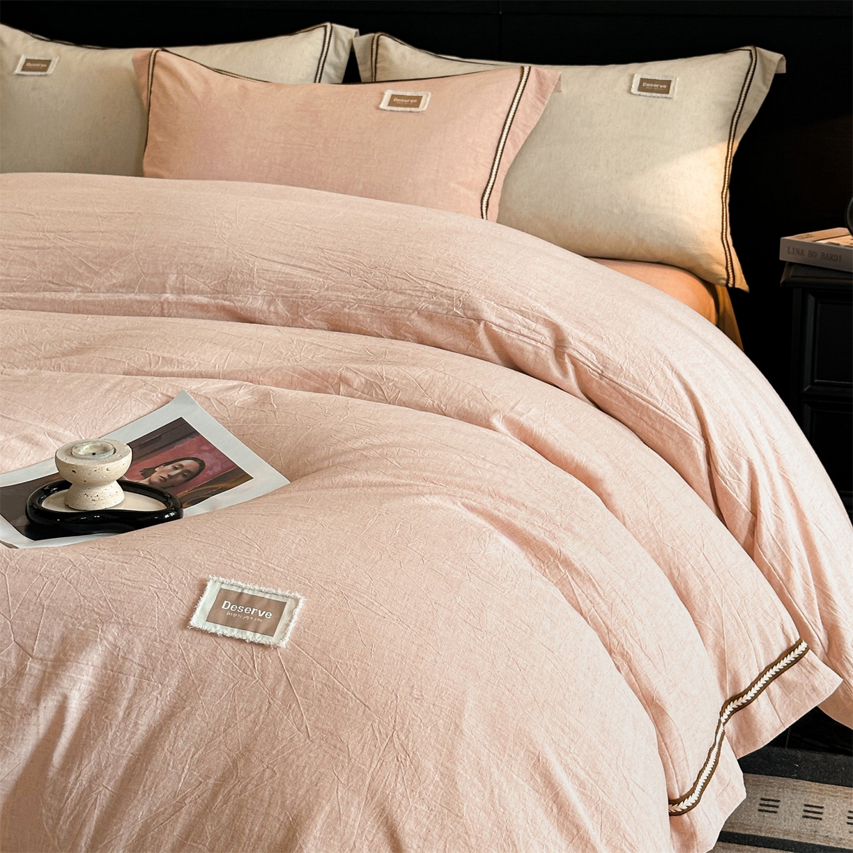 91家纺网 家纺一手货源 找家纺 笙意家纺 2025新款A类全棉棉麻织带款四件套 织带款-粉色