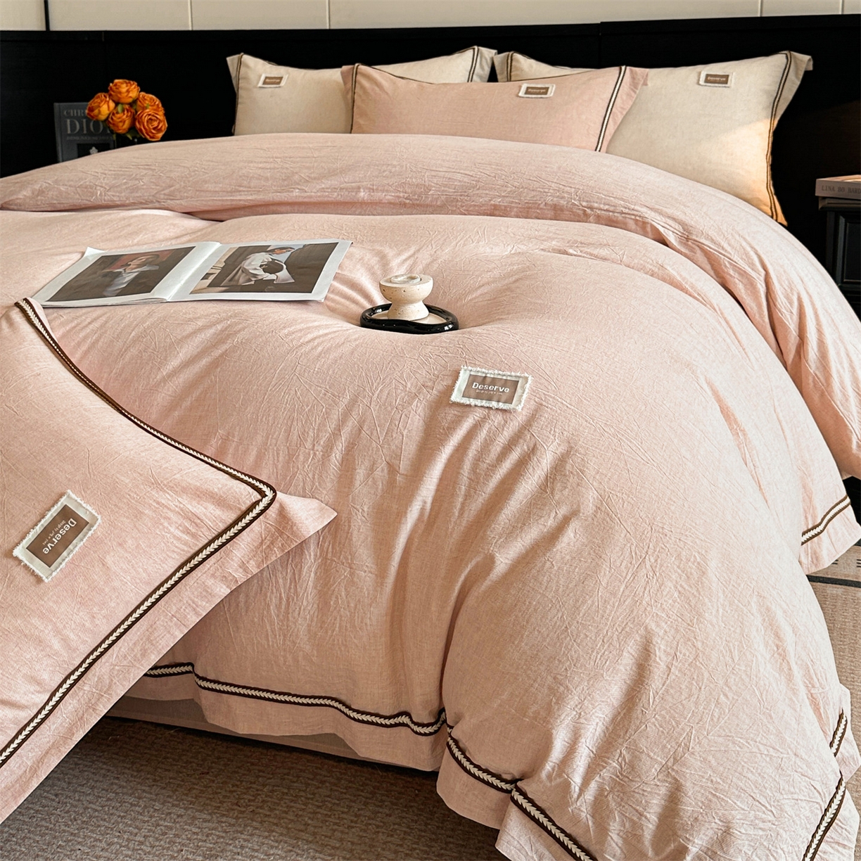 91家纺网 家纺一手货源 找家纺 笙意家纺 2025新款A类全棉棉麻织带款四件套 织带款-粉色