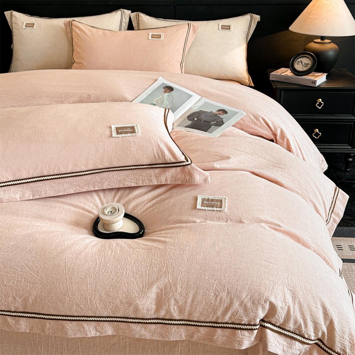 91家纺网 家纺一手货源 找家纺 笙意家纺 2025新款A类全棉棉麻织带款四件套 织带款-粉色