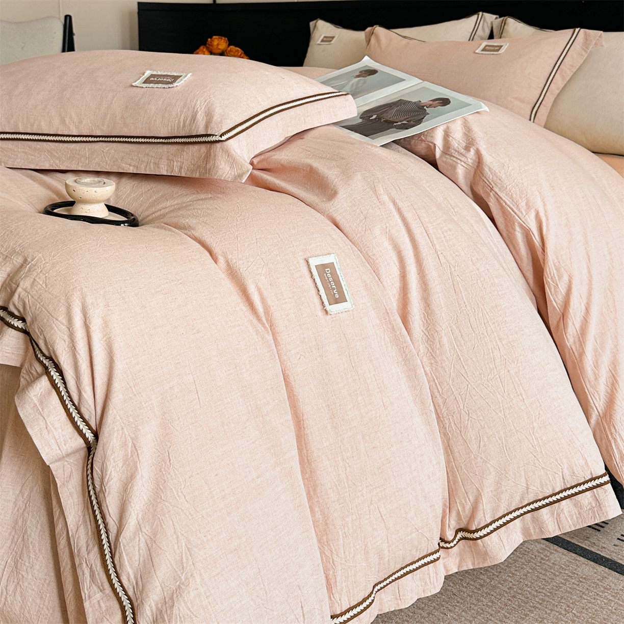 91家纺网 家纺一手货源 找家纺 笙意家纺 2025新款A类全棉棉麻织带款四件套 织带款-粉色