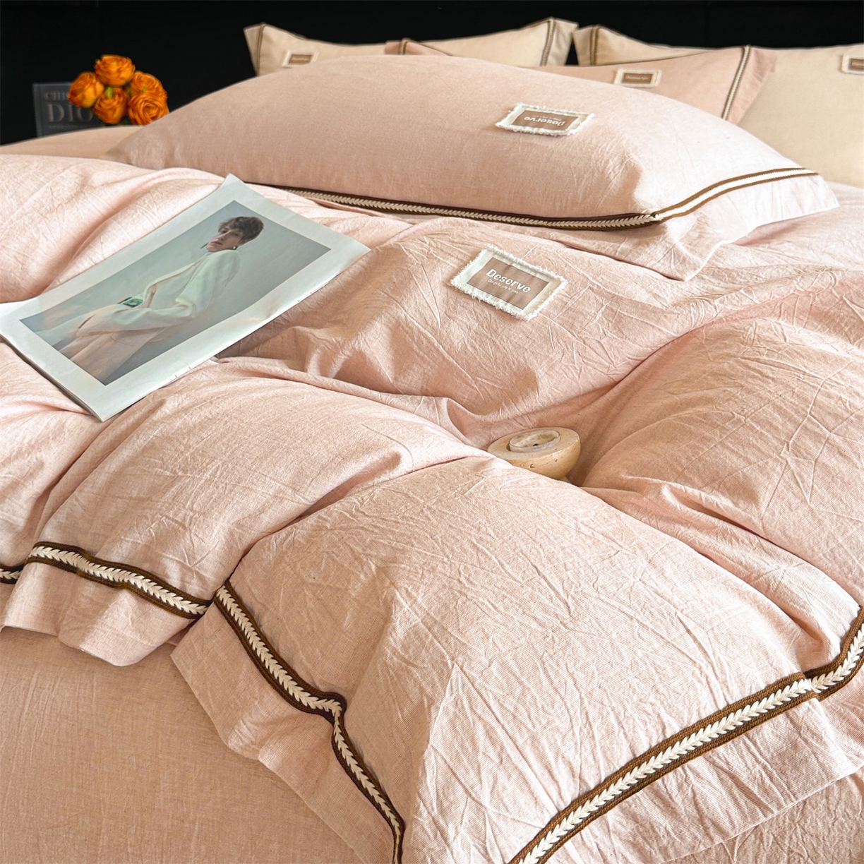 91家纺网 家纺一手货源 找家纺 笙意家纺 2025新款A类全棉棉麻织带款四件套 织带款-粉色