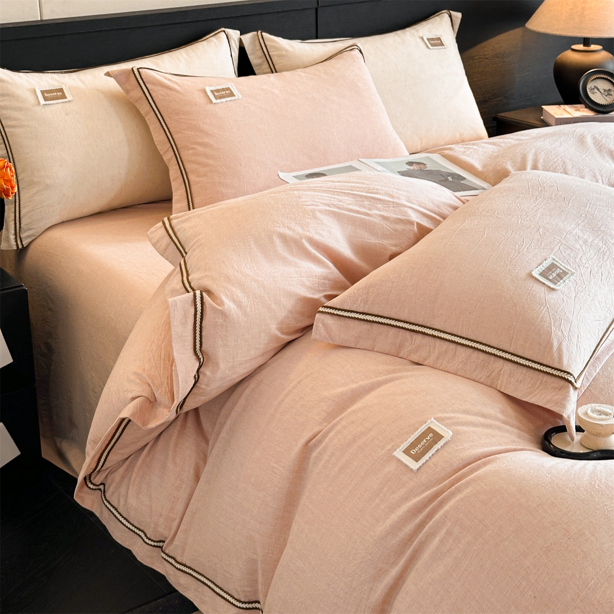 91家纺网 家纺一手货源 找家纺 笙意家纺 2025新款A类全棉棉麻织带款四件套 织带款-粉色