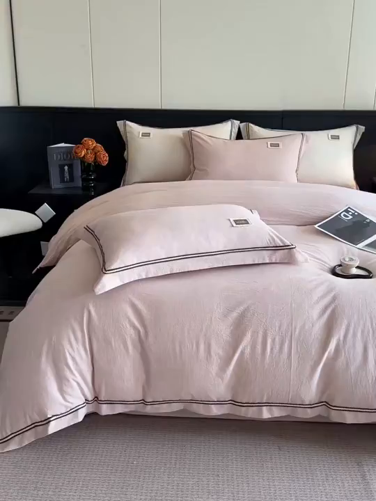 91家纺网 家纺一手货源 找家纺 笙意家纺 2025新款A类全棉棉麻织带款四件套 织带款-粉色