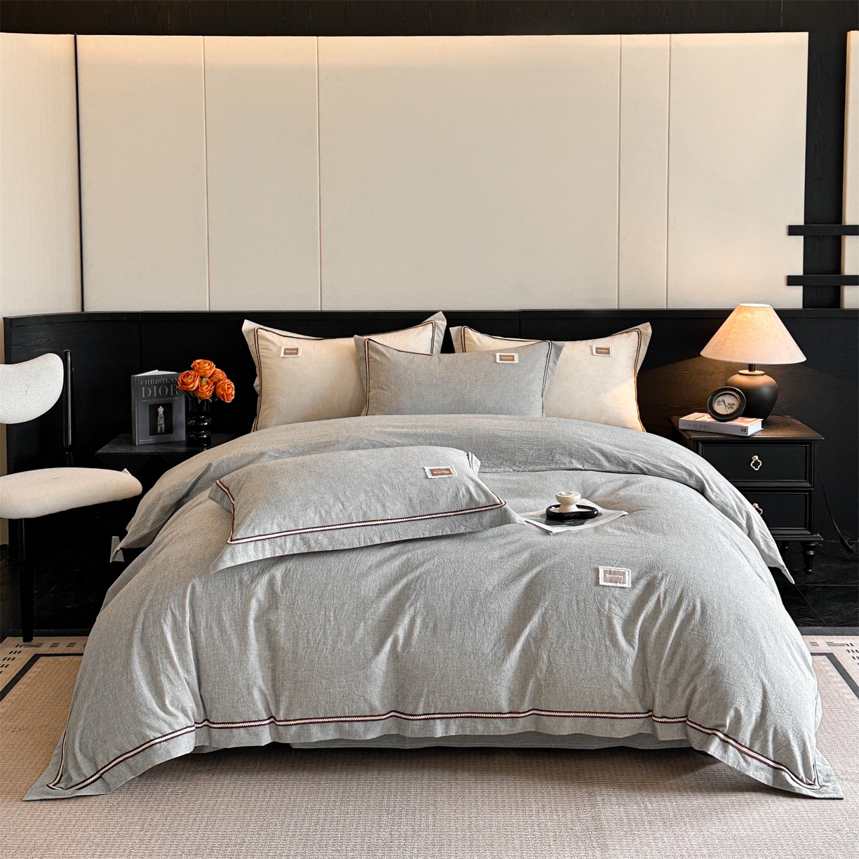 91家纺网 家纺一手货源 找家纺 笙意家纺 2025新款A类全棉棉麻织带款四件套 织带款-黑灰