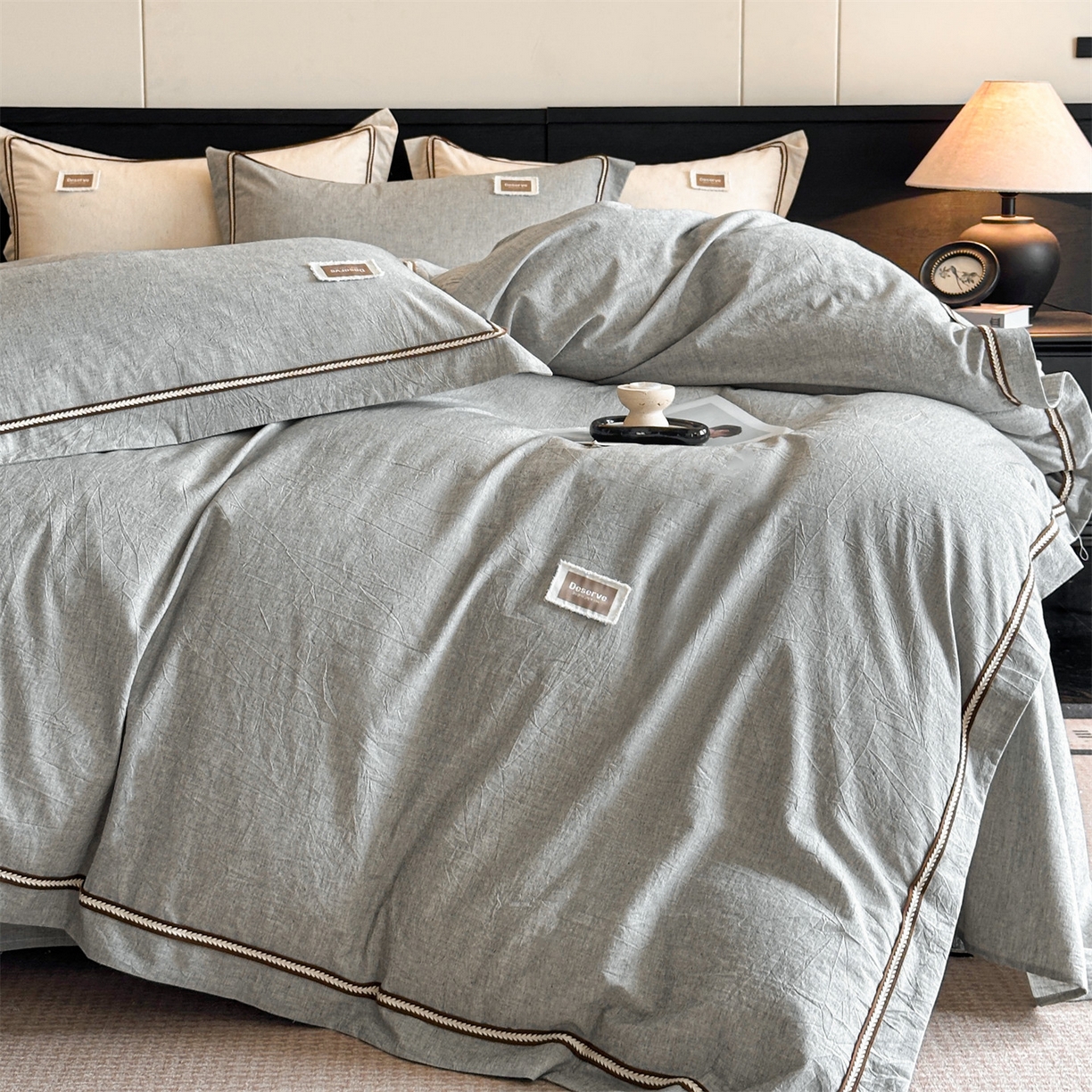 91家纺网 家纺一手货源 找家纺 笙意家纺 2025新款A类全棉棉麻织带款四件套 织带款-黑灰