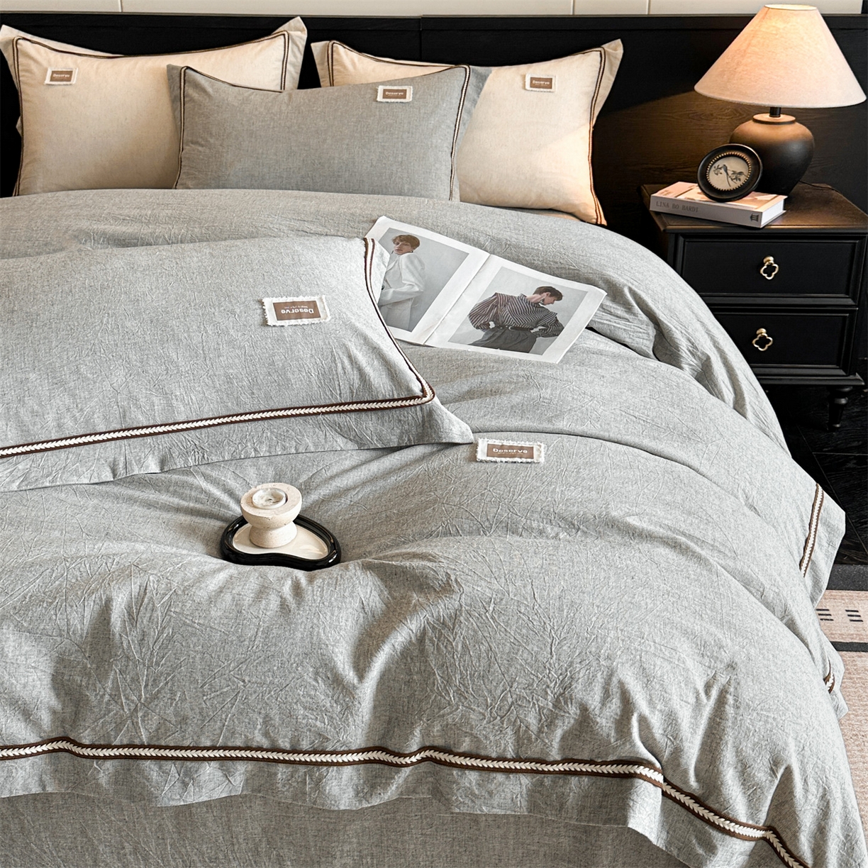 91家纺网 家纺一手货源 找家纺 笙意家纺 2025新款A类全棉棉麻织带款四件套 织带款-黑灰