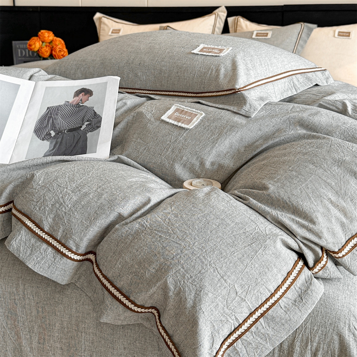 91家纺网 家纺一手货源 找家纺 笙意家纺 2025新款A类全棉棉麻织带款四件套 织带款-黑灰