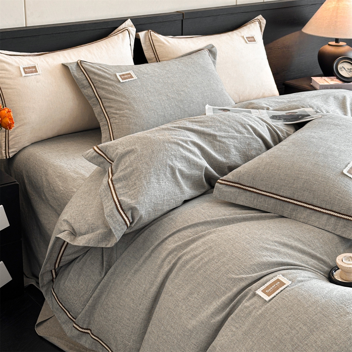 91家纺网 家纺一手货源 找家纺 笙意家纺 2025新款A类全棉棉麻织带款四件套 织带款-黑灰